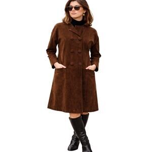 Vintage 60s Women’s XS Brown Leather Coat Womens Double Breasted Princess Seams
